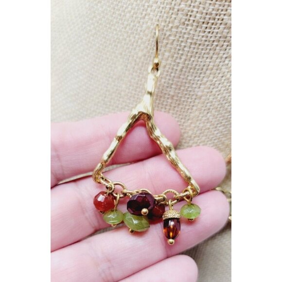 Vintage Brown and Green Faceted Glass Beaded Gold tone Dangly Earrings - Picture 2 of 3